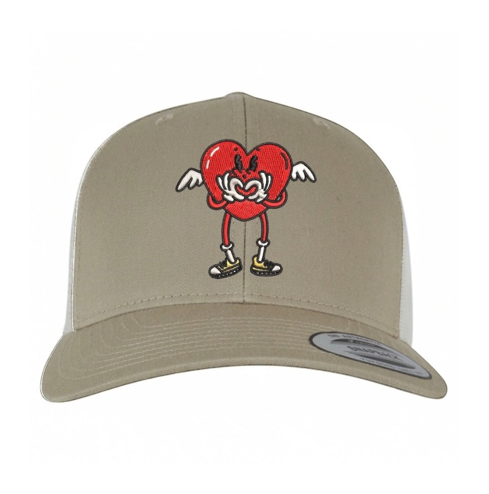 Centreforce Radio's embroidered khaki/birch trucker cap with That's the Way Love Is heart logo.