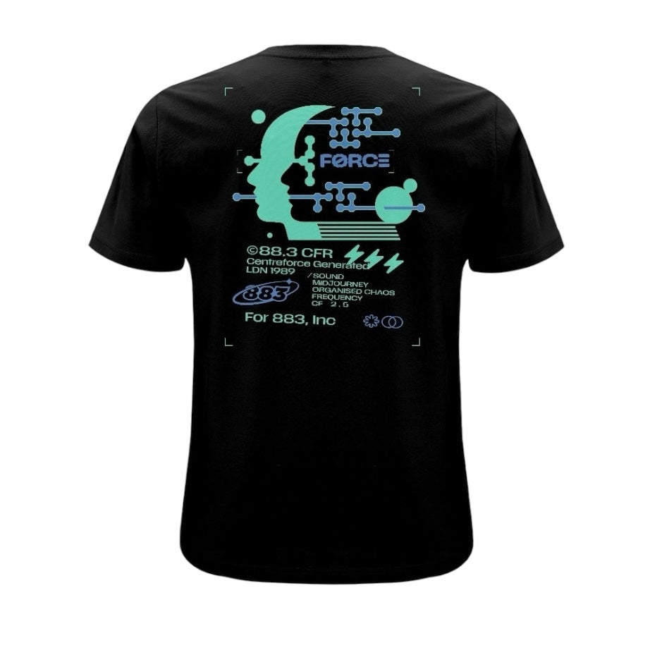 Centreforce black t-shirt featruing a large blue 'frequency' print graphic - back view