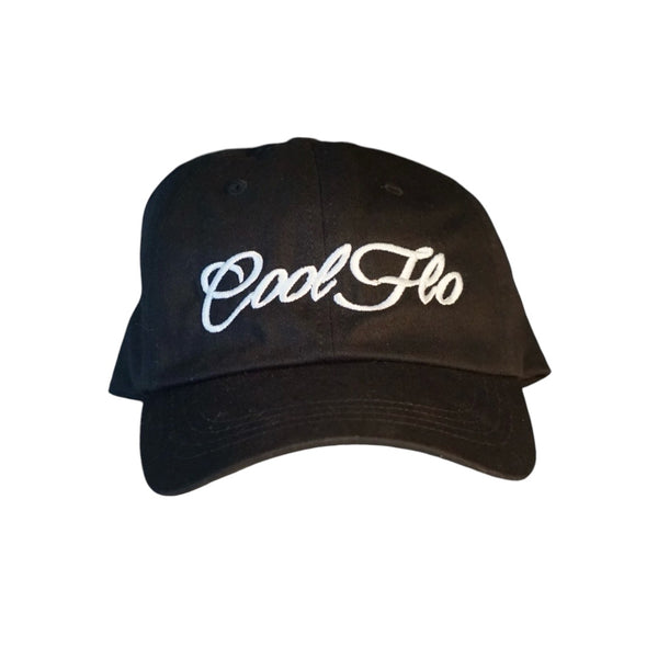 Black dad cap with white script logo embroidered on the front.