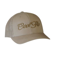 Khaki Trucker cap with matching script logo embroidered on the front.
