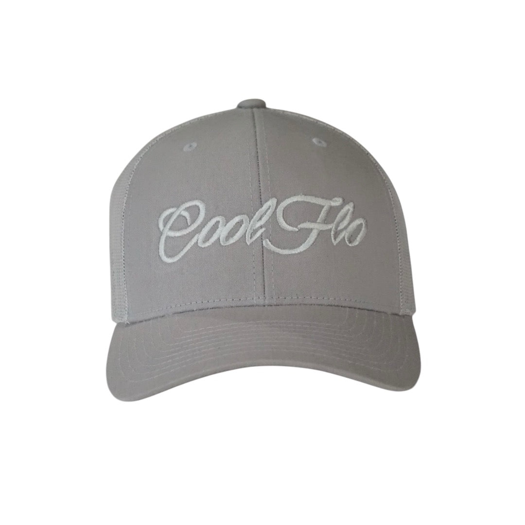 Silver Trucker Cap matching script logo embroidered on the front.