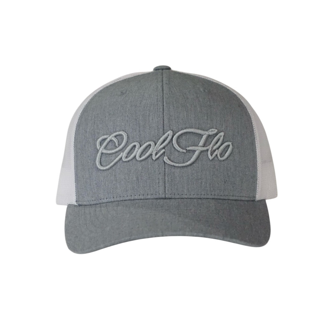 Two tone trucker cap in heather and white with matching 3D logo embroidered on the front.