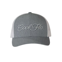 Two tone trucker cap in heather and white with matching 3D logo embroidered on the front.