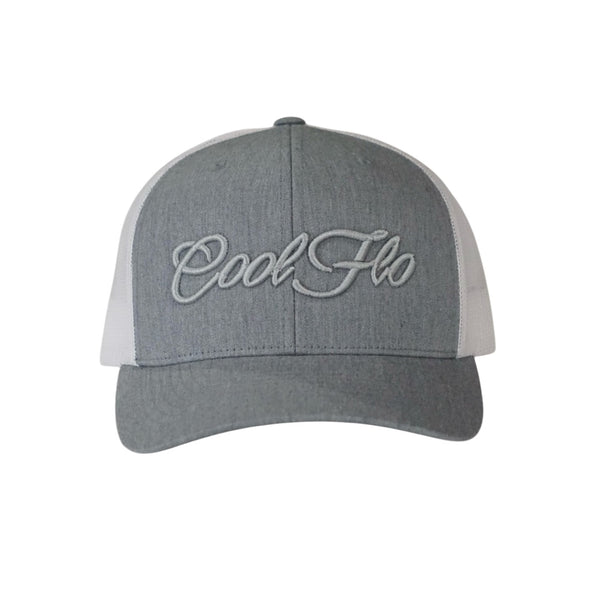 Two tone trucker cap in heather and white with matching 3D logo embroidered on the front.