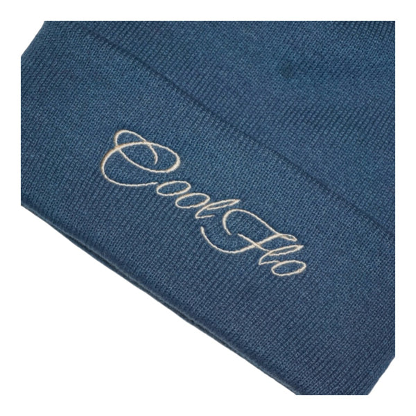 Cosy classic cuffed airforce blue beanie, featuring an embroidered Cool Flo script.