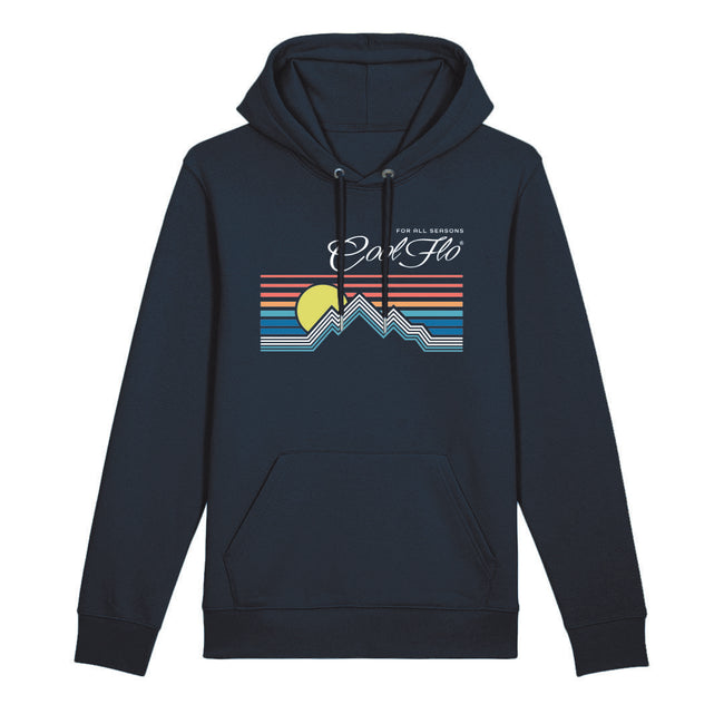 Cool Flo navy hoody with a graphic design featuring a mountain sunset depicted by lines. For all seasons.