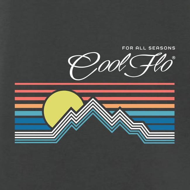Close-up of Cool Flo charcoal grey t-shirt with a graphic design featuring a mountain sunset depicted by lines. For all seasons.