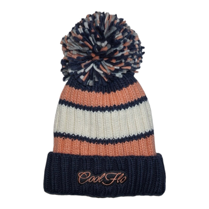 Chunky-knit bobble hat with script logo and large pom pom. Blue, pink and cream.