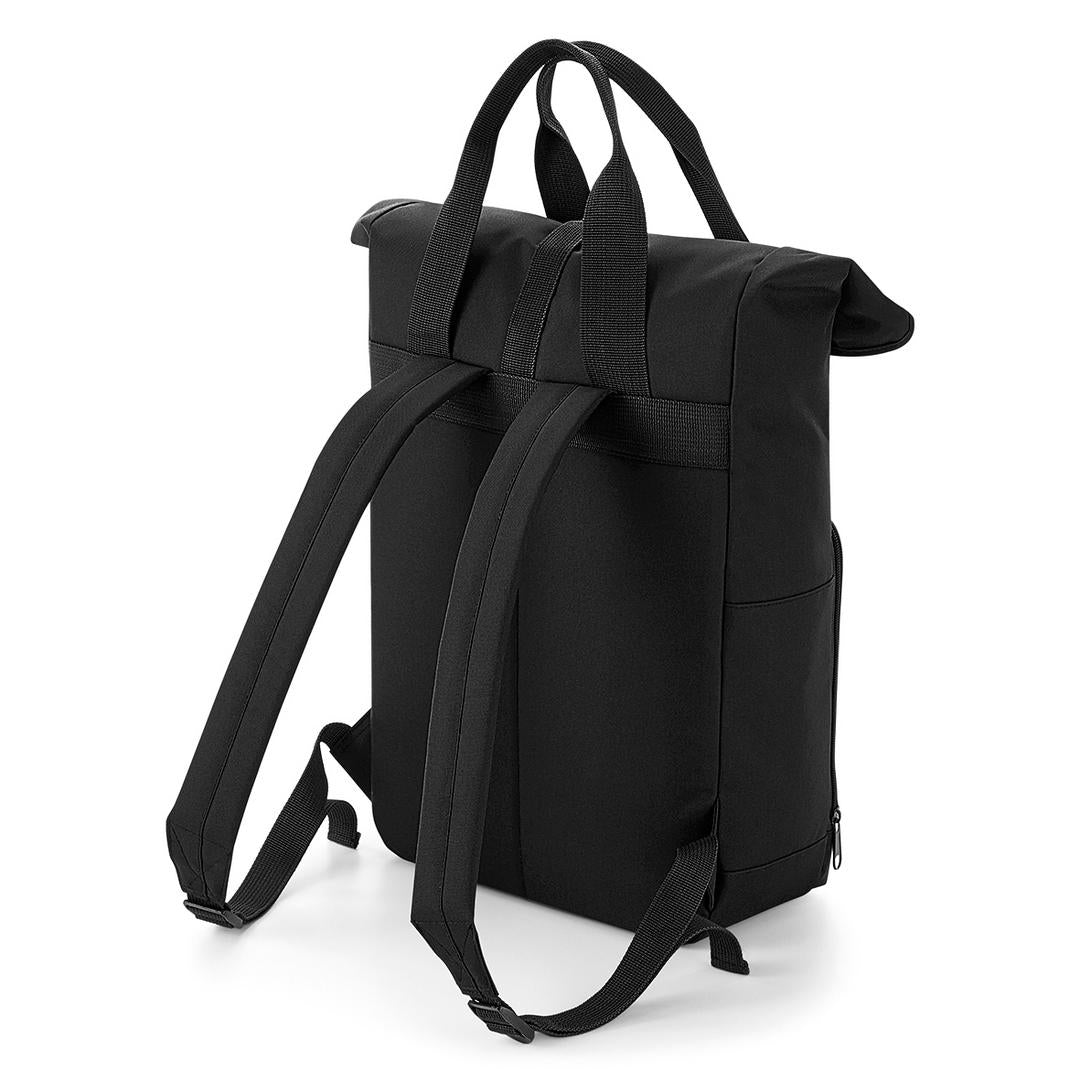 Cool Flo Custom Edition rolltop backpack in black with silver custom embroidery and yellow logo, back view.