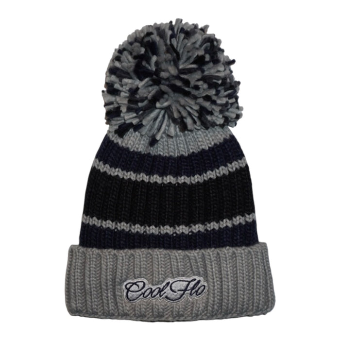 Chunky-knit bobble hat with script logo and large pom pom. Navy blue and grey.