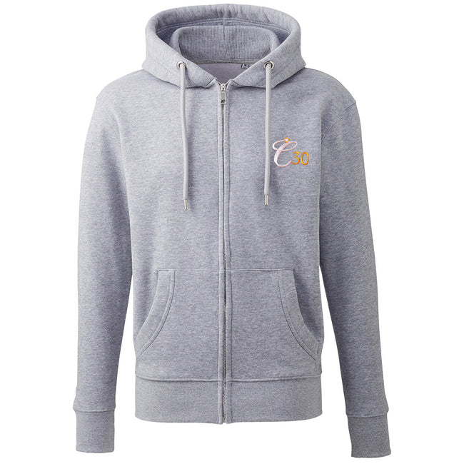 Grey Zip Hoody with Clockwork Orange C30 logo embroidered left-chest.