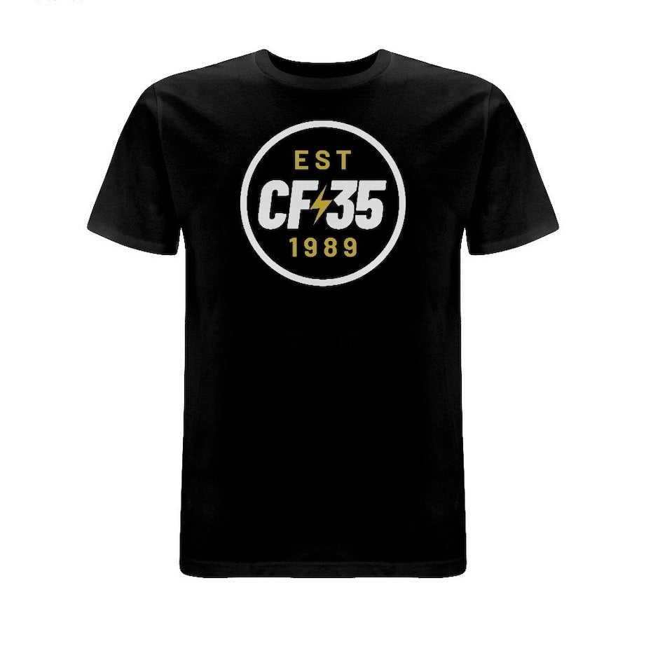 CF35 Two-colour tee. Black t-shirt with white and yellow/gold anniversary print on front.