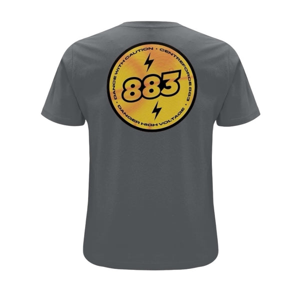 Centreforce radio anthracite grey t-shirt featuring a large yellow and black ‘High Voltage’ logo print on the back.