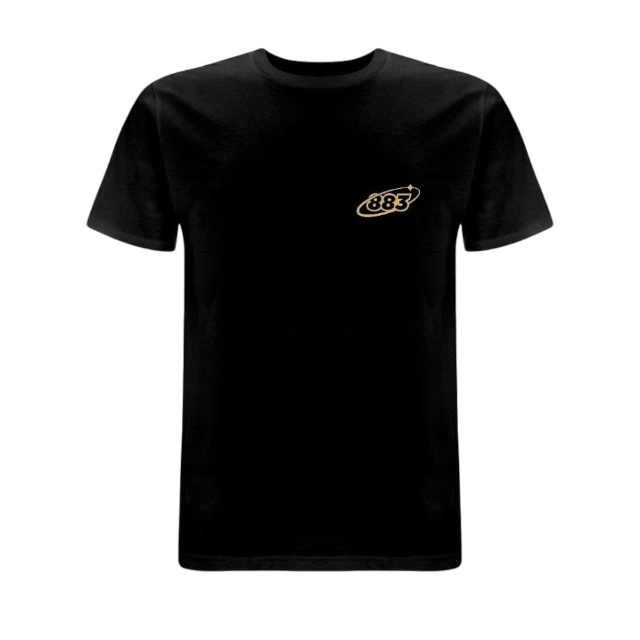 Centreforce radio black t-shirt with a yellow 883 'orbit' logo printed on the left chest.