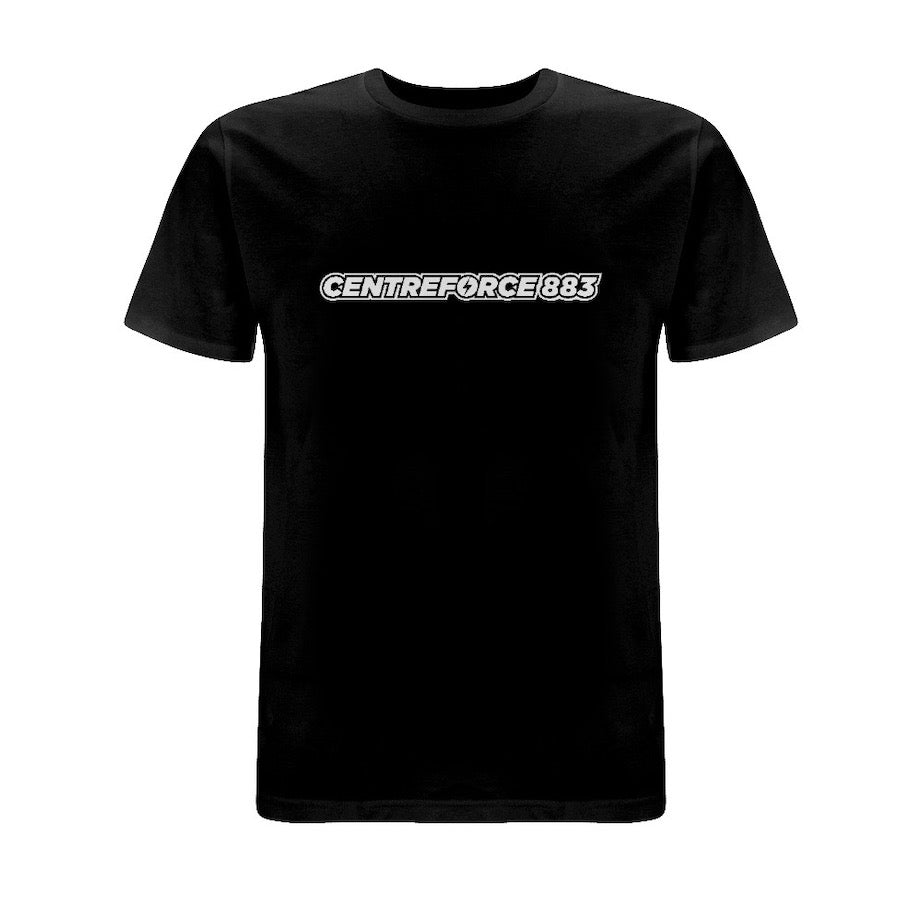 Black t-shirt with the black and white Centreforce 883 radio logo printed on front