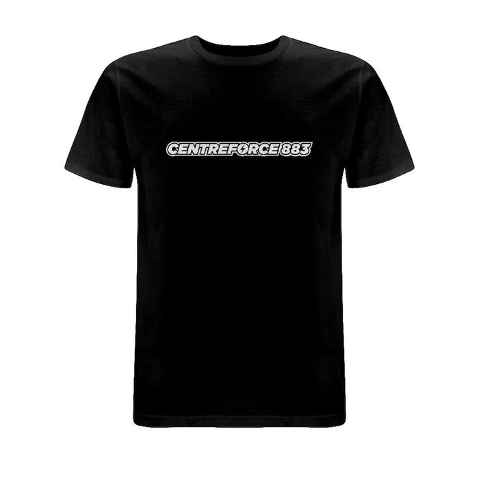 Black t-shirt with the black and white Centreforce 883 radio logo printed on front