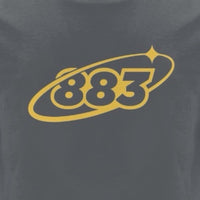 Close-up design: Anthracite Grey Centreforce 883 Orbit T-shirt - featuring a large yellow 883 Orbit logo on the front.