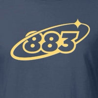 Close-up design: Centreforce Women's 883 Orbit Navy T-shirt with starry design front chest print in yellow.
