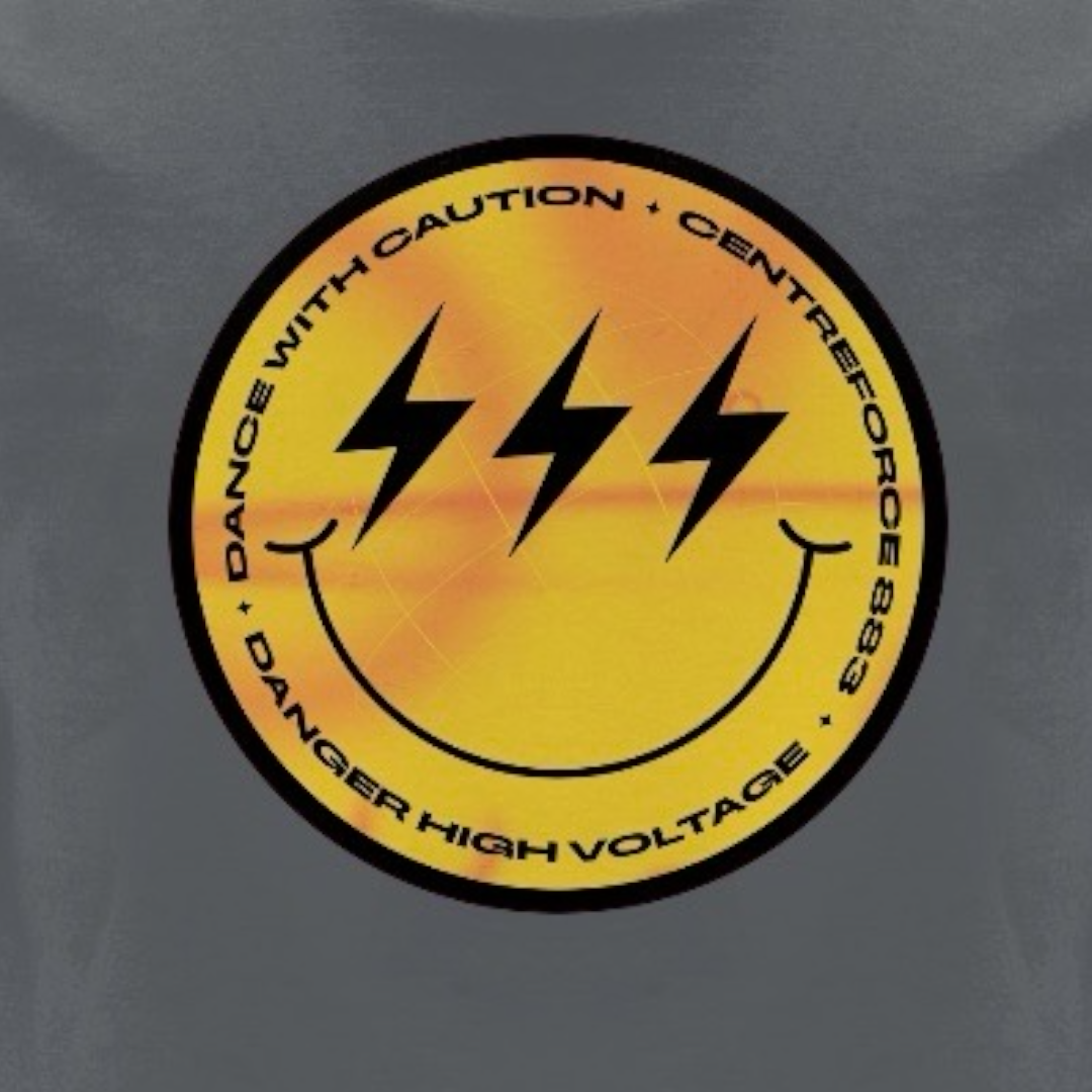 Close-up design image: Centreforce radio anthracite grey t-shirt featuring a yellow and black ‘Smiley’ logo large print on the front.