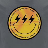 Close-up design image: Centreforce radio anthracite grey t-shirt featuring a yellow and black ‘Smiley’ logo large print on the front.