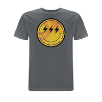 Centreforce radio anthracite grey t-shirt featuring a yellow and black ‘Smiley’ logo large print on the front.