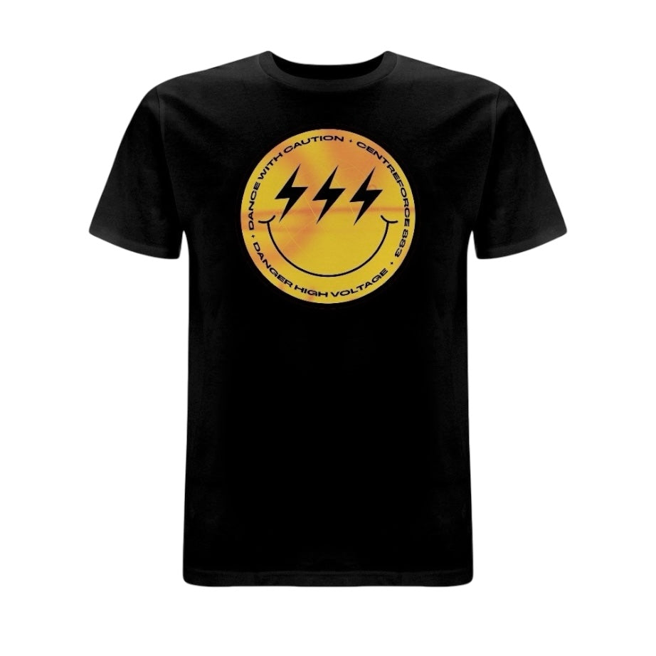 Centreforce radio black t-shirt with large print on front featuring a yellow and black  smiley logo.