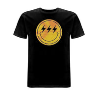 Centreforce radio black t-shirt with large print on front featuring a yellow and black  smiley logo.