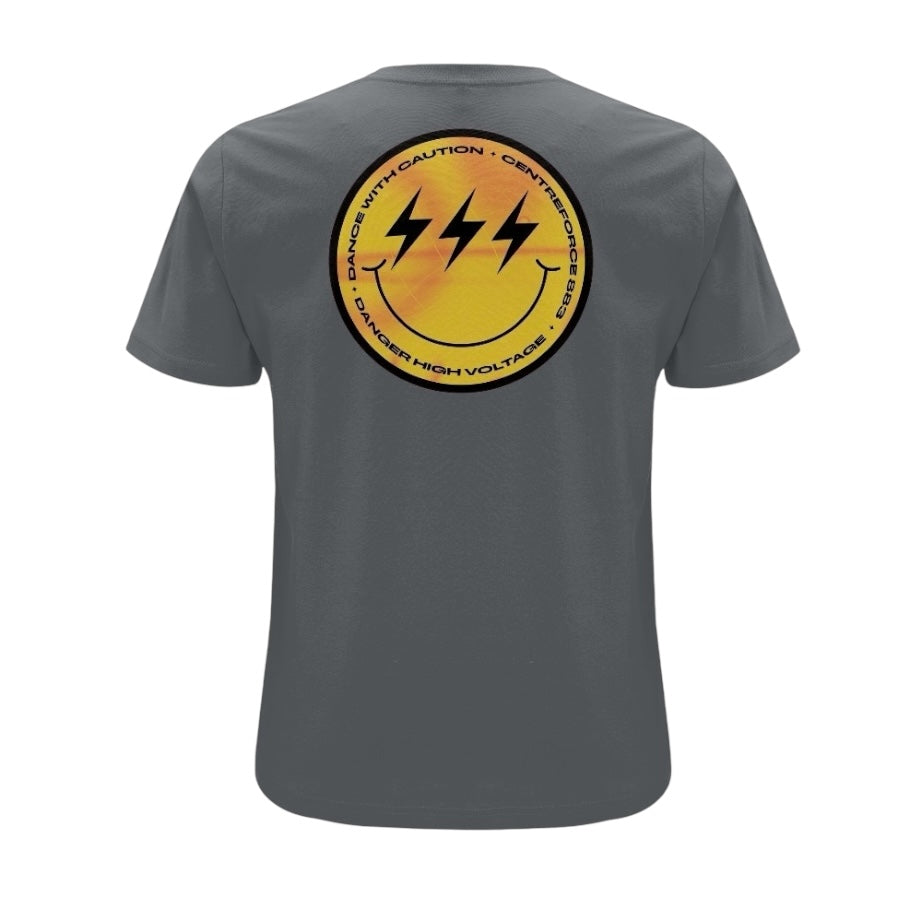 Centreforce radio anthracite grey t-shirt featuring a yellow and black ‘Smiley’ logo large print on the reverse.