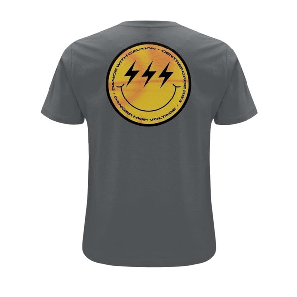 Centreforce radio anthracite grey t-shirt featuring a yellow and black ‘Smiley’ logo large print on the reverse.