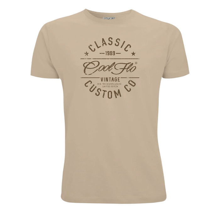 Cool Flo Classic Custom Co sand t-shirt with bold brown print design.