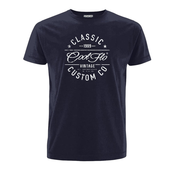 Cool Flo Classic Custom Co navy t-shirt with bold white print design.