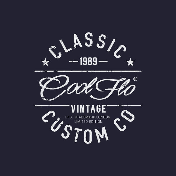 Cool Flo Classic Custom Co navy t-shirt with bold white print design - rollover image.