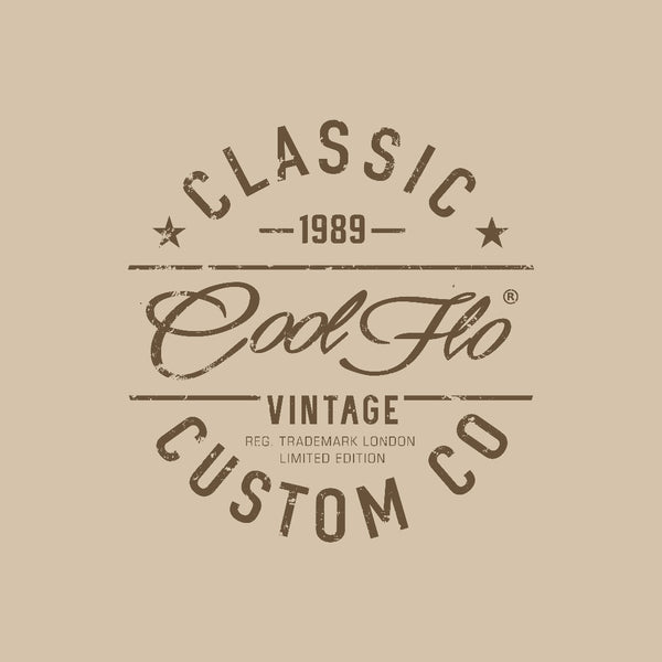 Cool Flo Classic Custom Co sand t-shirt with bold brown print design - rollover image.