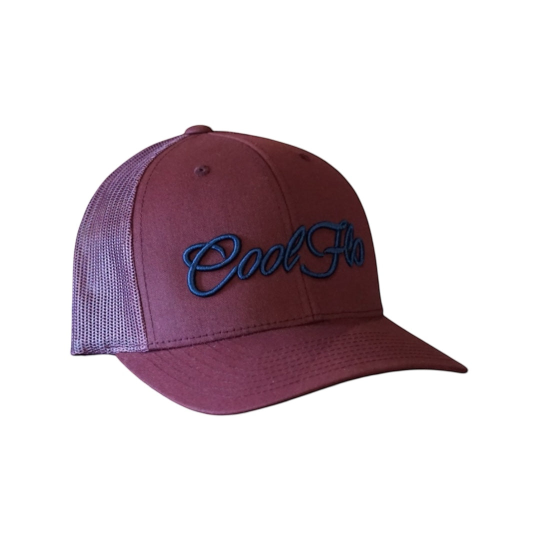 Cool Flo Burgundy 3D script trucker cap with embroidered navy high-build logo.