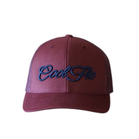 Cool Flo Burgundy 3D script trucker cap with embroidered navy high-build logo.