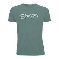 Green Cool Flo Classic Script men's t-shirt with white script logo across the chest