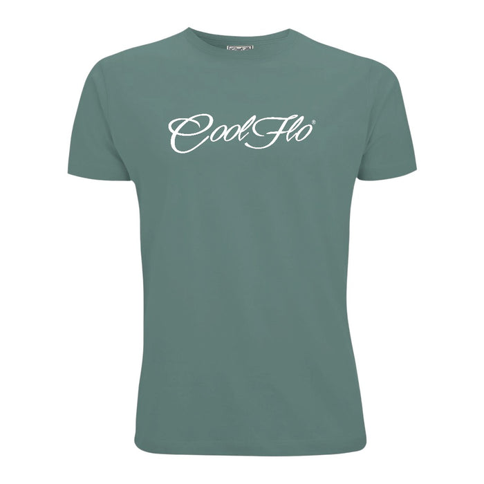 Green Cool Flo Classic Script men's t-shirt with white script logo across the chest