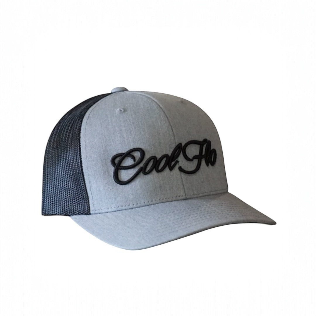 Cool Flo grey/black 3D script trucker cap with embroidered black high-build logo.
