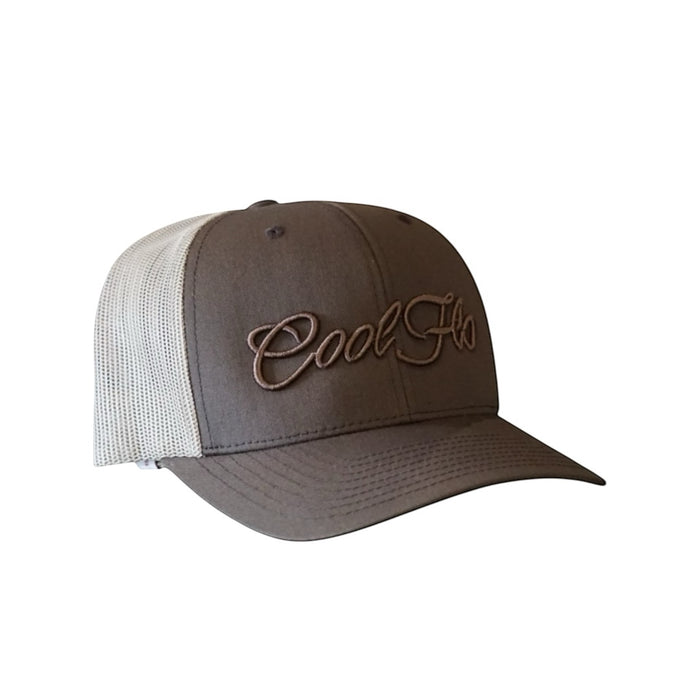 Cool Flo brown/khaki 3D script trucker cap with embroidered brown high-build logo.