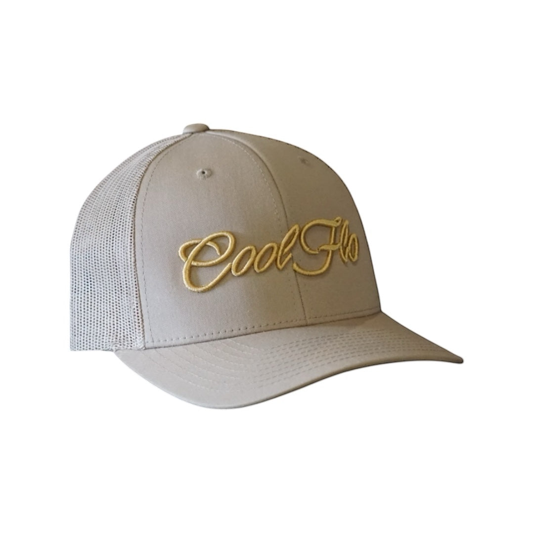 Cool Flo khaki  3D script trucker cap with embroidered yellow-gold high-build logo