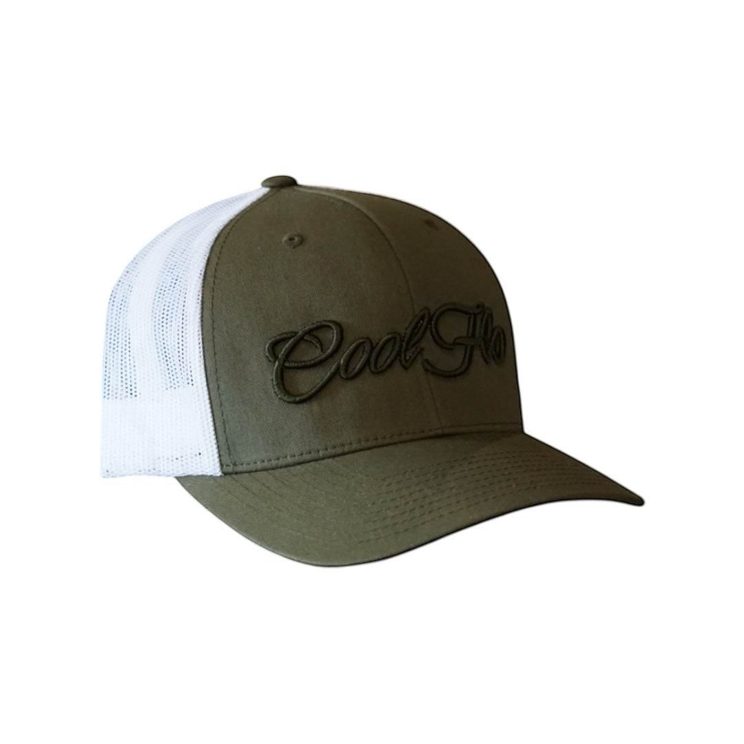 Cool Flo olive-green/white 3D script trucker cap with embroidered olive green high-build logo.