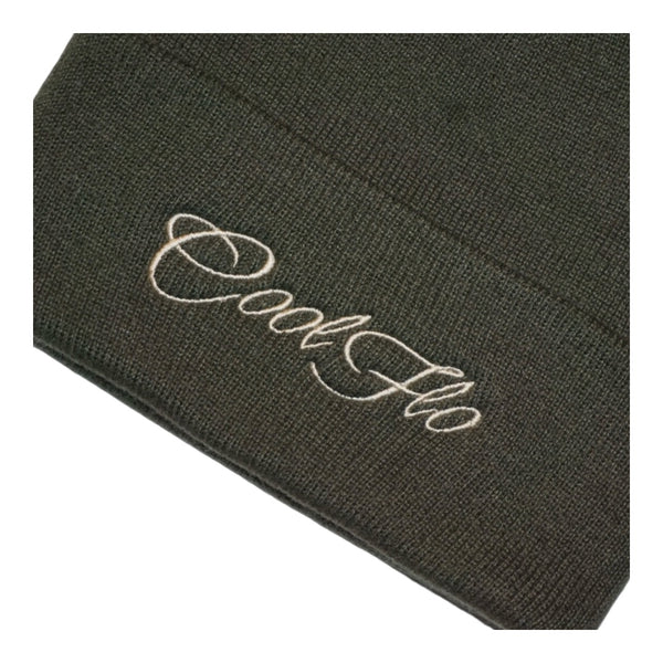 Cosy classic cuffed khaki beanie, featuring an embroidered Cool Flo script.