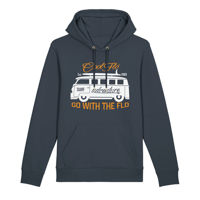 Cool Flo dark grey hoody with a VW campervan and surfboard design. Go with the flo...