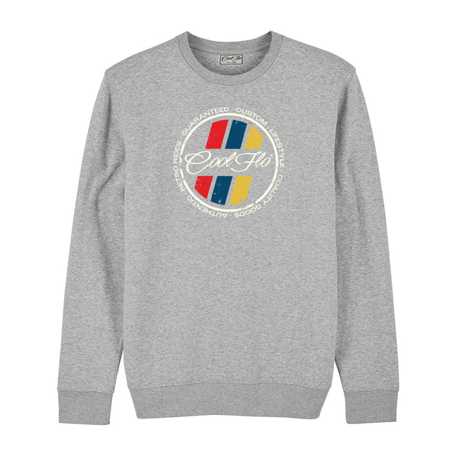 Cool Flo grey sweatshirt with a circular retro stripes design.