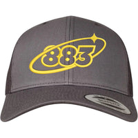 Grey trucker cap with yellow embroidered 883 orbit logo - front view