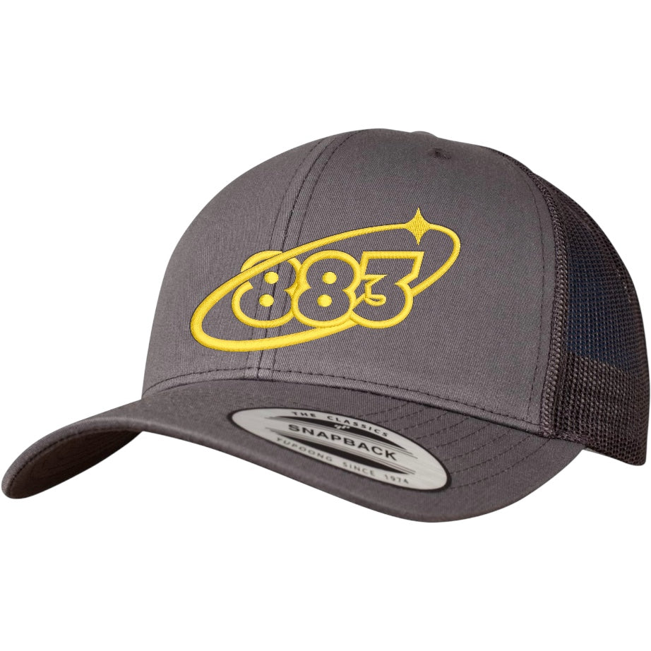 Grey trucker cap with yellow embroidered 883 orbit logo - side view