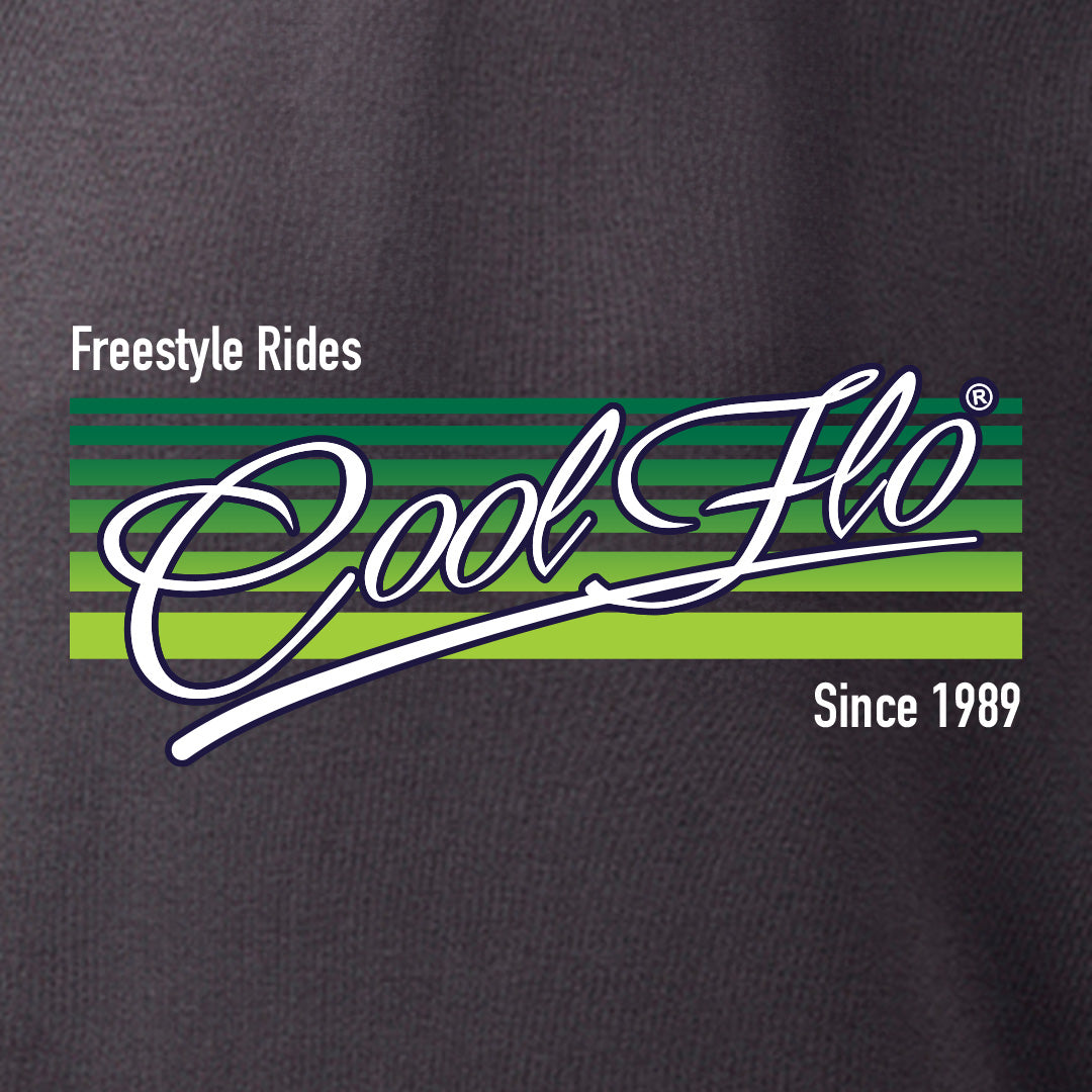 Cool Flo 'Freestyle Rides' charcoal hoody with green and white print on the front.
