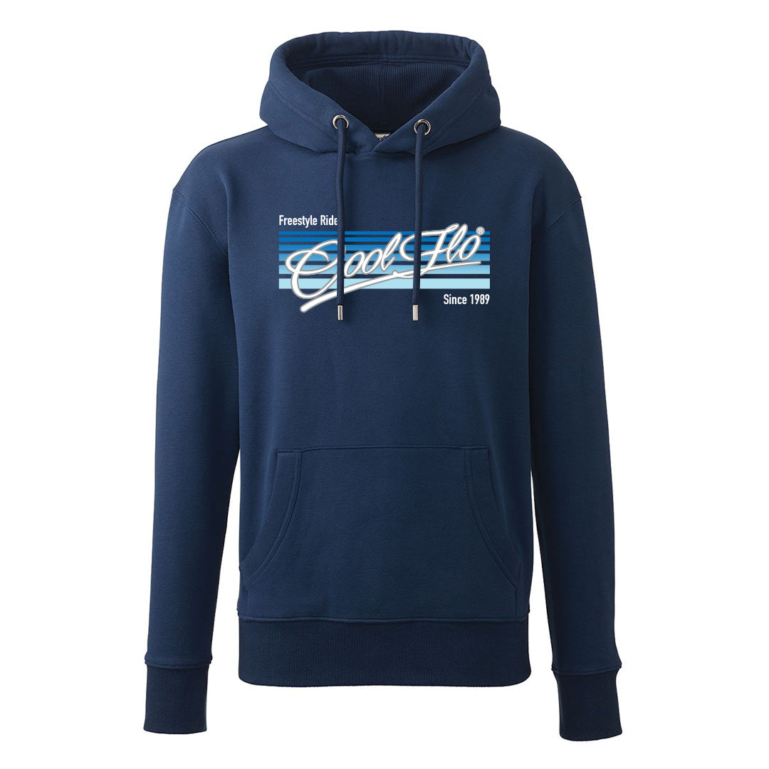Cool Flo 'Freestyle Rides' navy blue hoody with blue and white print on the front.