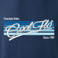 Cool Flo 'Freestyle Rides' navy blue hoody with blue and white print on the front.