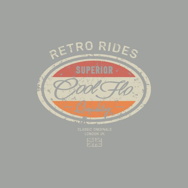 Cool Flo Retro Rides grey t-shirt with red, orange and cream print design- rollover image